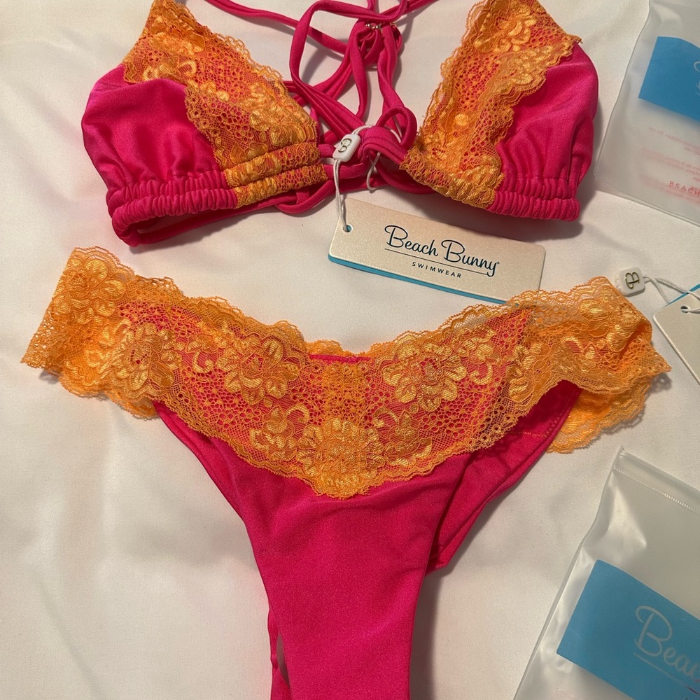 Beach Bunny Vibrant Pink and Orange Lace Bra Set